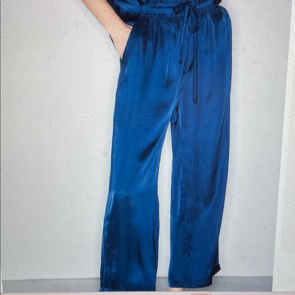 Melissa Nepton Elegant Blue Satin wide leg tie waist Women's Pants -nwt